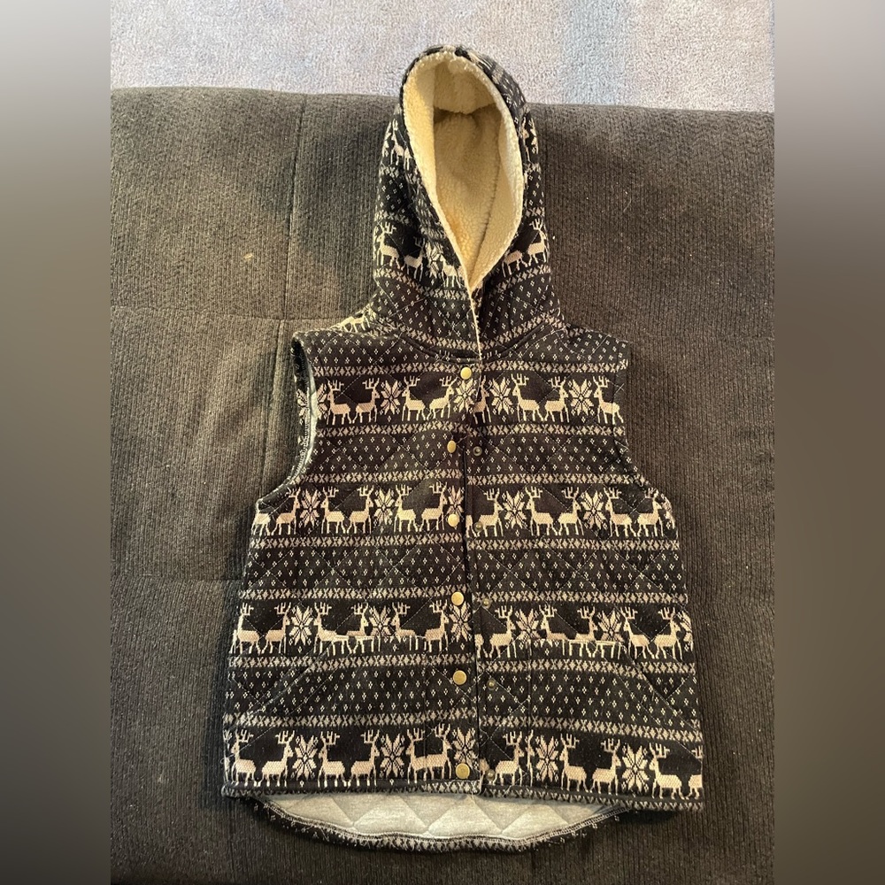 Free People Patterned Cotton Lined Hooded Vest - Medium